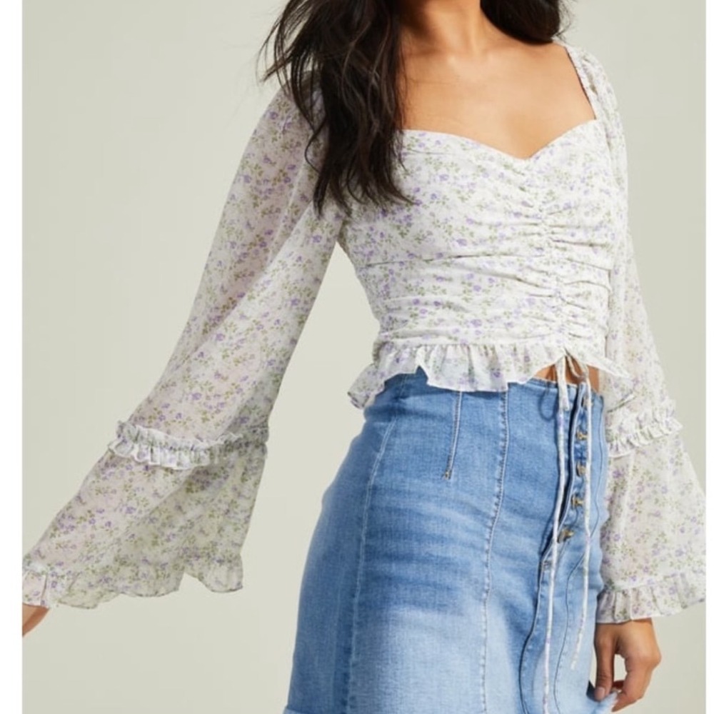 Altar'd State White Floral Ruched Crop Top with Lavender Print